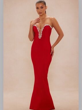 Red Rhinestone Evening Gown – Luxury Floor Length Dress NWT